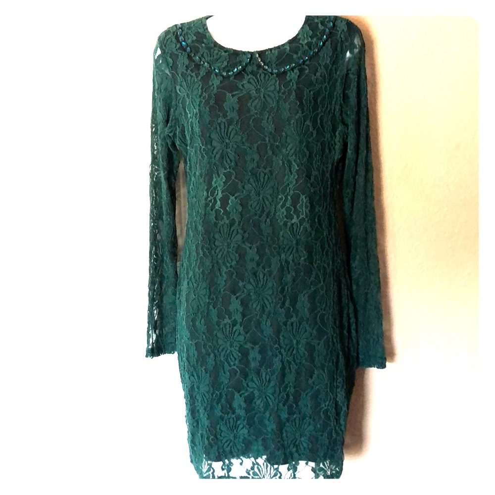 MISSONY Peter Pan Collar Jewel Lace Embellished Emerald Cocktail Party Dress